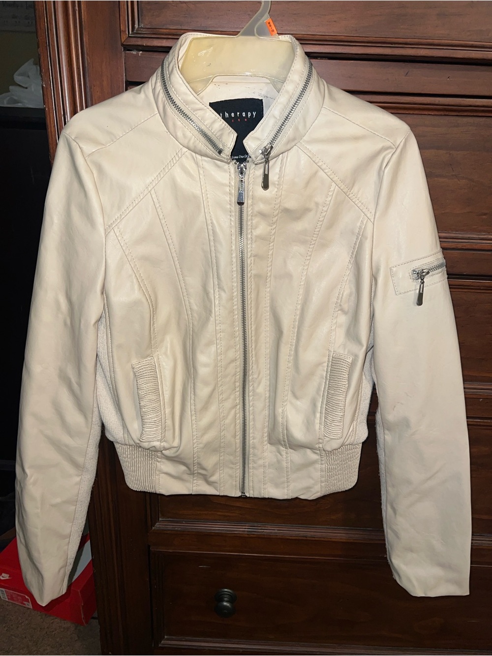 therapy Cream Leather Zip Front Bomber Jacket